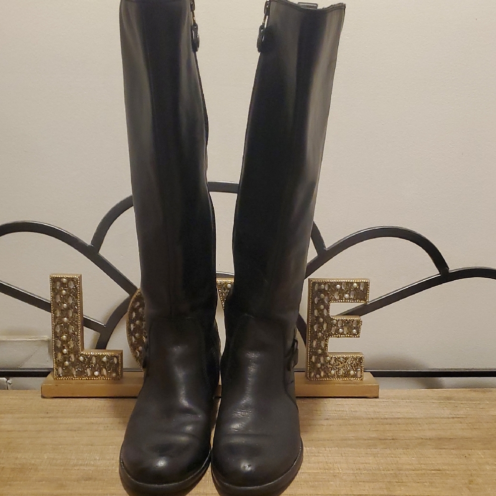 Bussola Black Womens Soft Black Leather Buckle Zip Knee-High Boots Sz 39/8, Boho